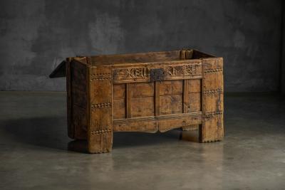 Rustic Art Populaire Carved Wooden Chest France 19th Century