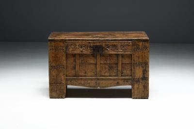 Rustic Art Populaire Carved Wooden Chest France 19th Century
