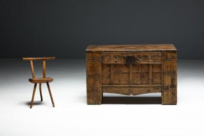 Rustic Art Populaire Carved Wooden Chest France 19th Century