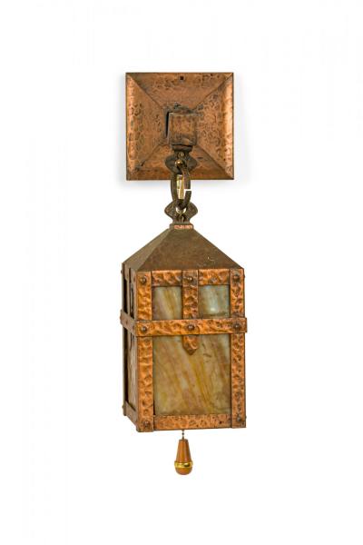 Rustic Arts Crafts Style Hammered Iron and Beige Slag Glass Wall Sconces