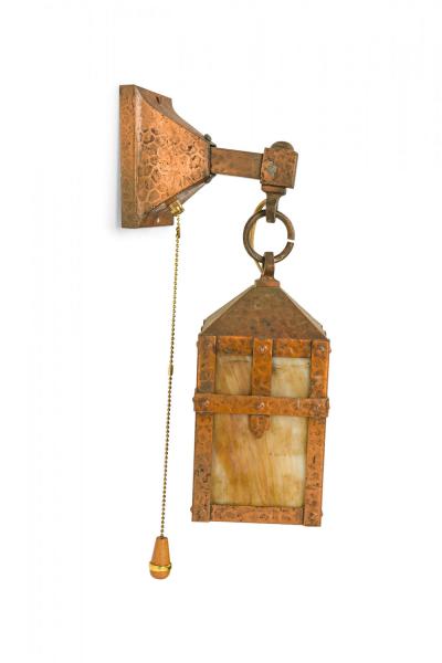 Rustic Arts Crafts Style Hammered Iron and Beige Slag Glass Wall Sconces