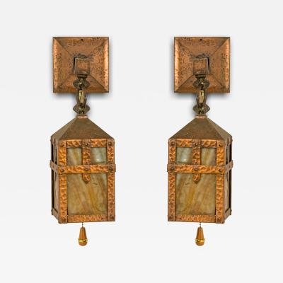 Rustic Arts Crafts Style Hammered Iron and Beige Slag Glass Wall Sconces