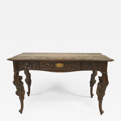 Rustic Black Forest 19th Cent Bear Carved Walnut Table Desk