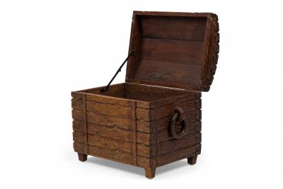 Rustic Black Forest Wood Trunk with Hand Carved Exterior and Ring Handles