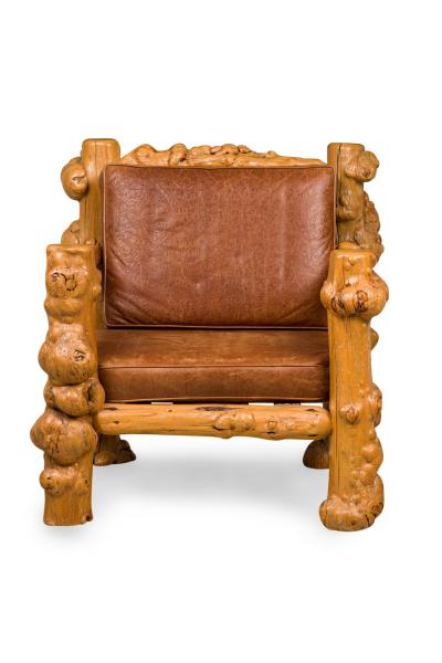 Rustic Blond Root Wood and Embossed Leather Throne Armchair