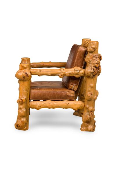 Rustic Blond Root Wood and Embossed Leather Throne Armchair