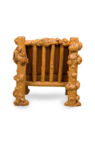 Rustic Blond Root Wood and Embossed Leather Throne Armchair