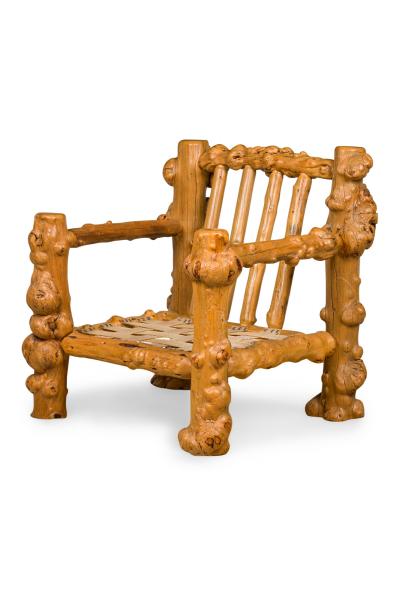 Rustic Blond Root Wood and Embossed Leather Throne Armchair