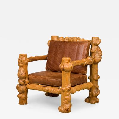 Rustic Blond Root Wood and Embossed Leather Throne Armchair