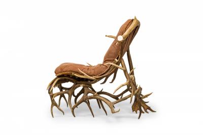 Rustic Continental Antler and Mauve Pink Suede Arm Chair