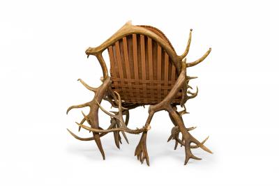 Rustic Continental Antler and Mauve Pink Suede Arm Chair