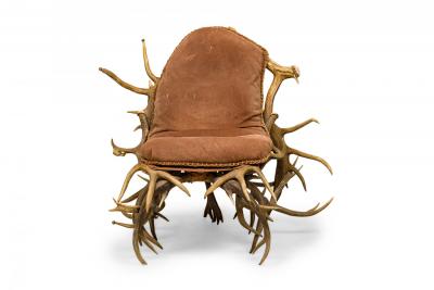 Rustic Continental Antler and Mauve Pink Suede Arm Chair