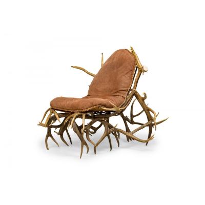 Rustic Continental Antler and Mauve Pink Suede Arm Chair