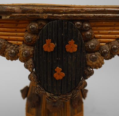 Rustic Continental French Slat Twig Design Pedestal Base Center Table