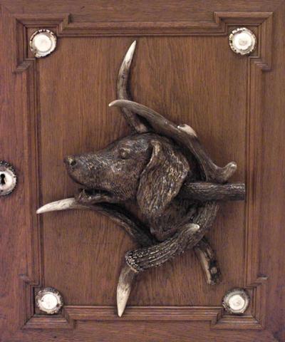 Rustic Continental German Oak and Horn Trimmed 4 Door Bookcase Cabinet