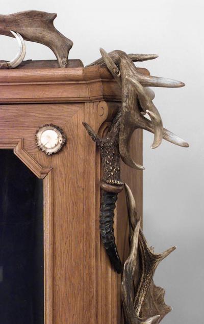 Rustic Continental German Oak and Horn Trimmed 4 Door Bookcase Cabinet