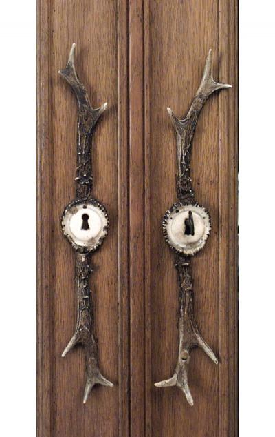 Rustic Continental German Oak and Horn Trimmed 4 Door Bookcase Cabinet