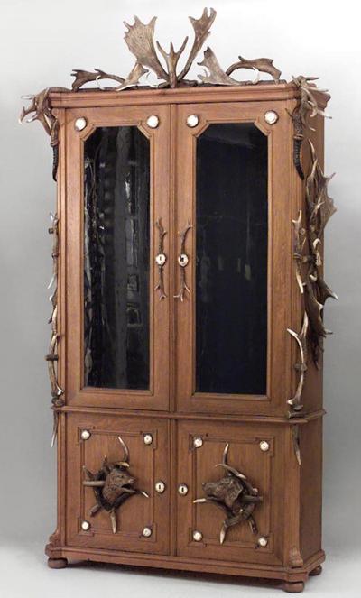 Rustic Continental German Oak and Horn Trimmed 4 Door Bookcase Cabinet