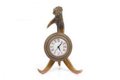 Rustic Continental Style Faux Antler and Brass Table Clock