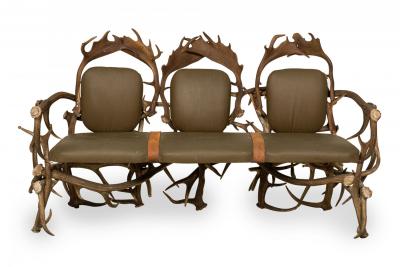 Rustic Continental Style Green Leather and Faux Antler Three Seat Settee