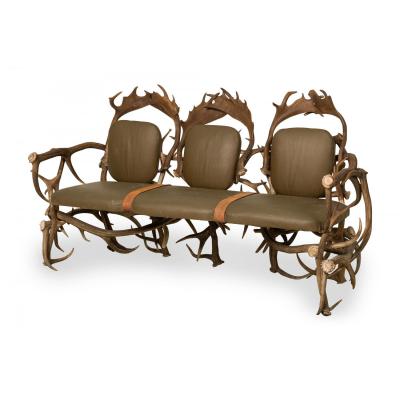 Rustic Continental Style Green Leather and Faux Antler Three Seat Settee