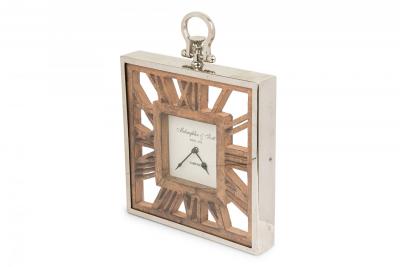 Rustic Continental Style Wooden Square Wall or Table Clock with Glass Inset