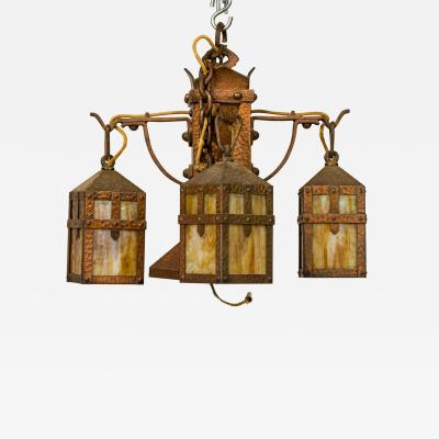 Rustic English Arts and Crafts Style Copper and Slag Glass Chandelier