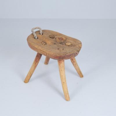 Rustic Folk Art Peasant Stool in Pine and String Finland 1800s
