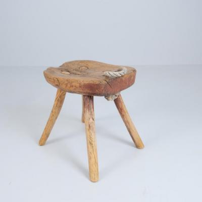 Rustic Folk Art Peasant Stool in Pine and String Finland 1800s