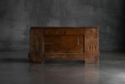 Rustic Folk Art Wood Chest with Carved Motifs 19th Century