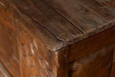 Rustic Folk Art Wood Chest with Carved Motifs 19th Century