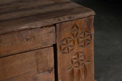 Rustic Folk Art Wood Chest with Carved Motifs 19th Century