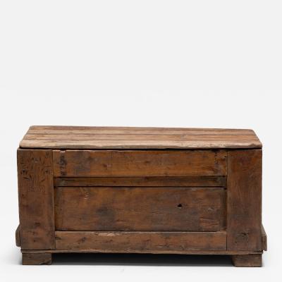 Rustic Folk Art Wood Chest with Carved Motifs 19th Century
