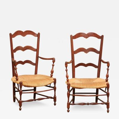Rustic French 19th Century Walnut Armchairs with Rush Seats Sold Individually