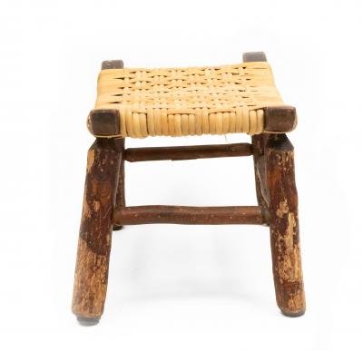 Rustic Hickory Footstool with Woven Cane Seat