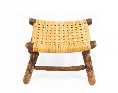Rustic Hickory Footstool with Woven Cane Seat