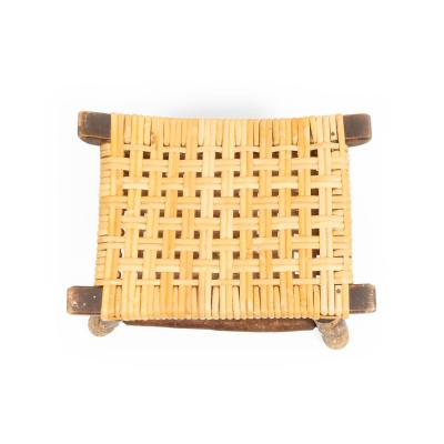 Rustic Hickory Footstool with Woven Cane Seat