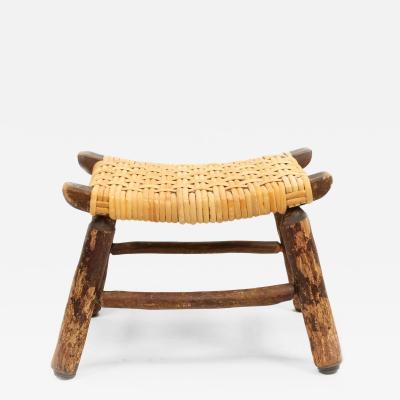Rustic Hickory Footstool with Woven Cane Seat