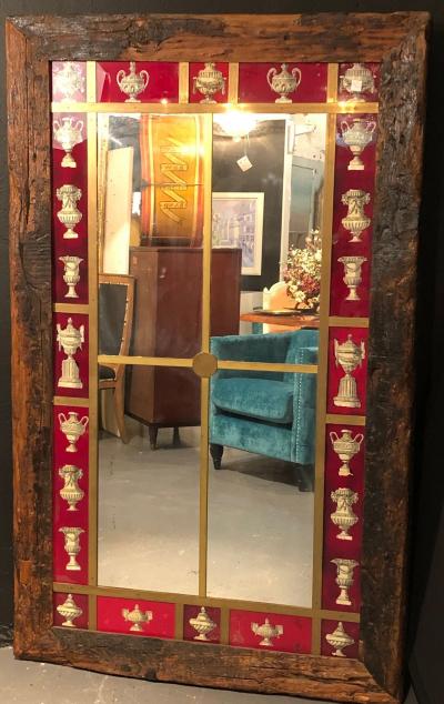 Rustic Italian Wall Mirror with Reverse Painted Classical Vases and Urns