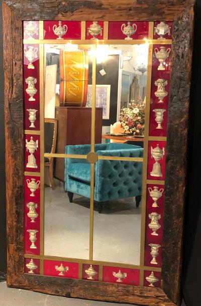 Rustic Italian Wall Mirror with Reverse Painted Classical Vases and Urns