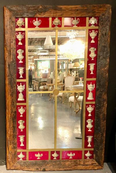 Rustic Italian Wall Mirror with Reverse Painted Classical Vases and Urns