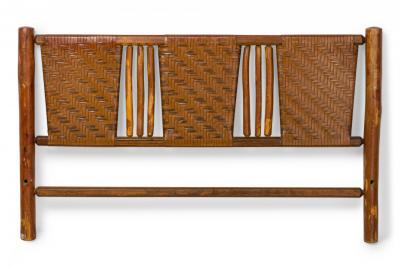 Rustic Old Hickory Log and Woven Rattan Full Bed Frame
