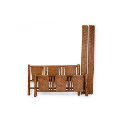 Rustic Old Hickory Log and Woven Rattan Full Bed Frame
