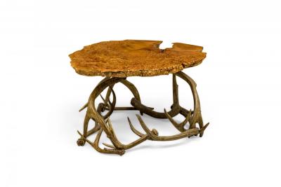 Rustic Petrified Wood and Deer Antler End Side Table