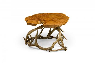 Rustic Petrified Wood and Deer Antler End Side Table