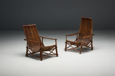 Rustic Reclining Chairs in Handcrafted Wicker France 1950s