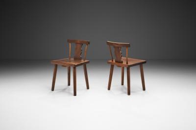Rustic Solid Pine Chairs with Carved Backs Europe early 20th century