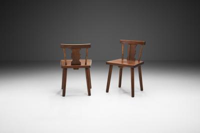 Rustic Solid Pine Chairs with Carved Backs Europe early 20th century