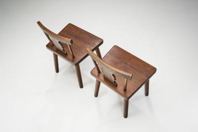 Rustic Solid Pine Chairs with Carved Backs Europe early 20th century