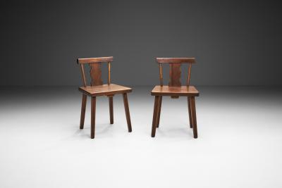 Rustic Solid Pine Chairs with Carved Backs Europe early 20th century